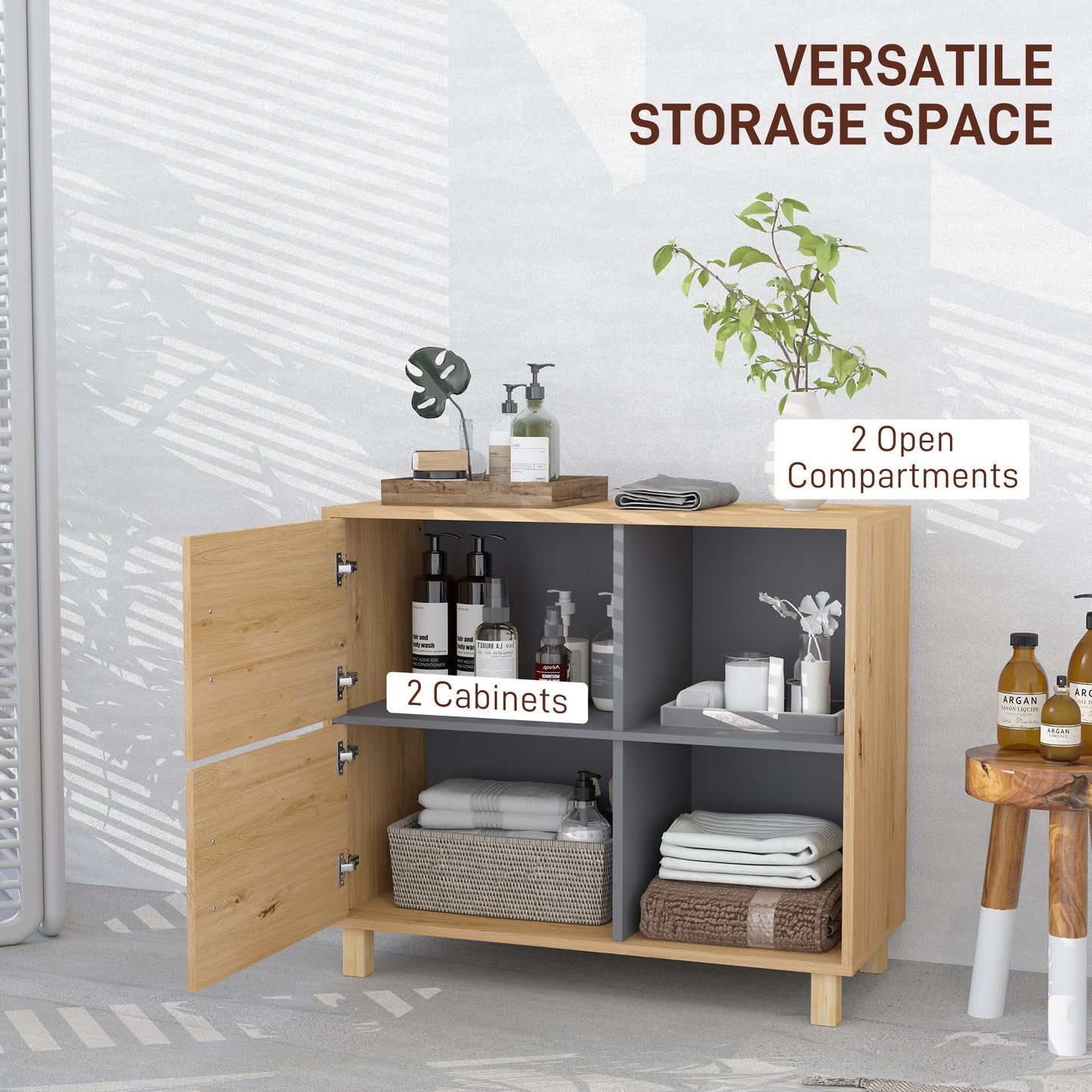 Lazze Freestanding Bathroom Storage Cabinet With OFauxn Compartments And Double Doors