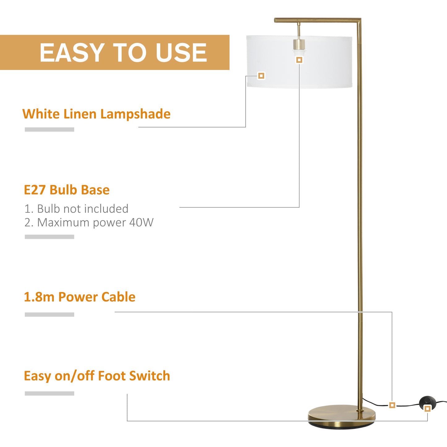 Kesu Rolo Metal And Fabric Gold And White Modern Floor Lamp With Linen Shade 153 cm