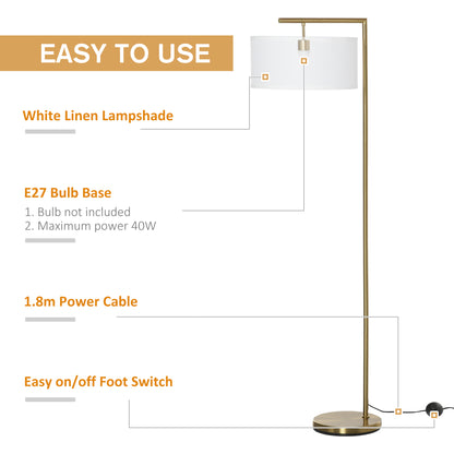 Kesu Rolo Metal And Fabric Gold And White Modern Floor Lamp With Linen Shade 153 cm
