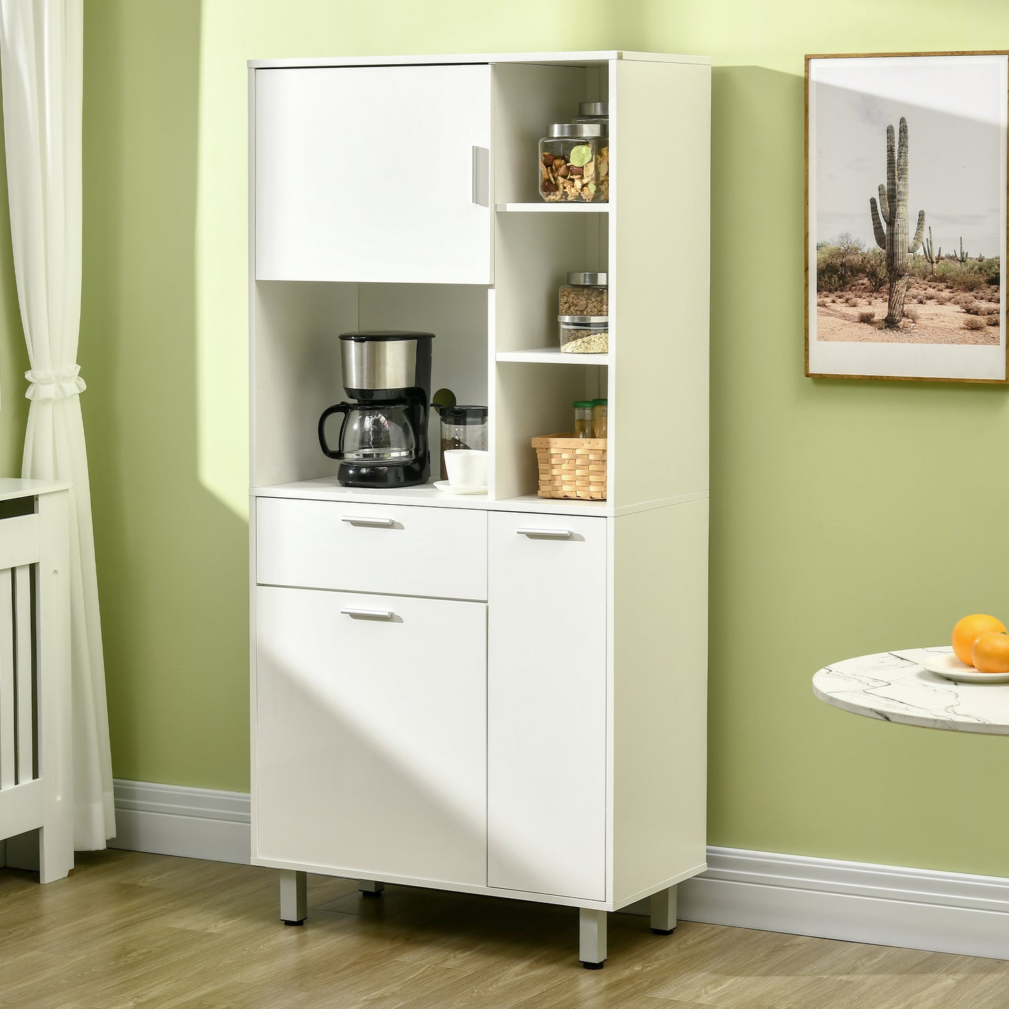 Toviha 166cm Wooden White Modern Kitchen Cabinet With Shelves Drawer And Open Counter