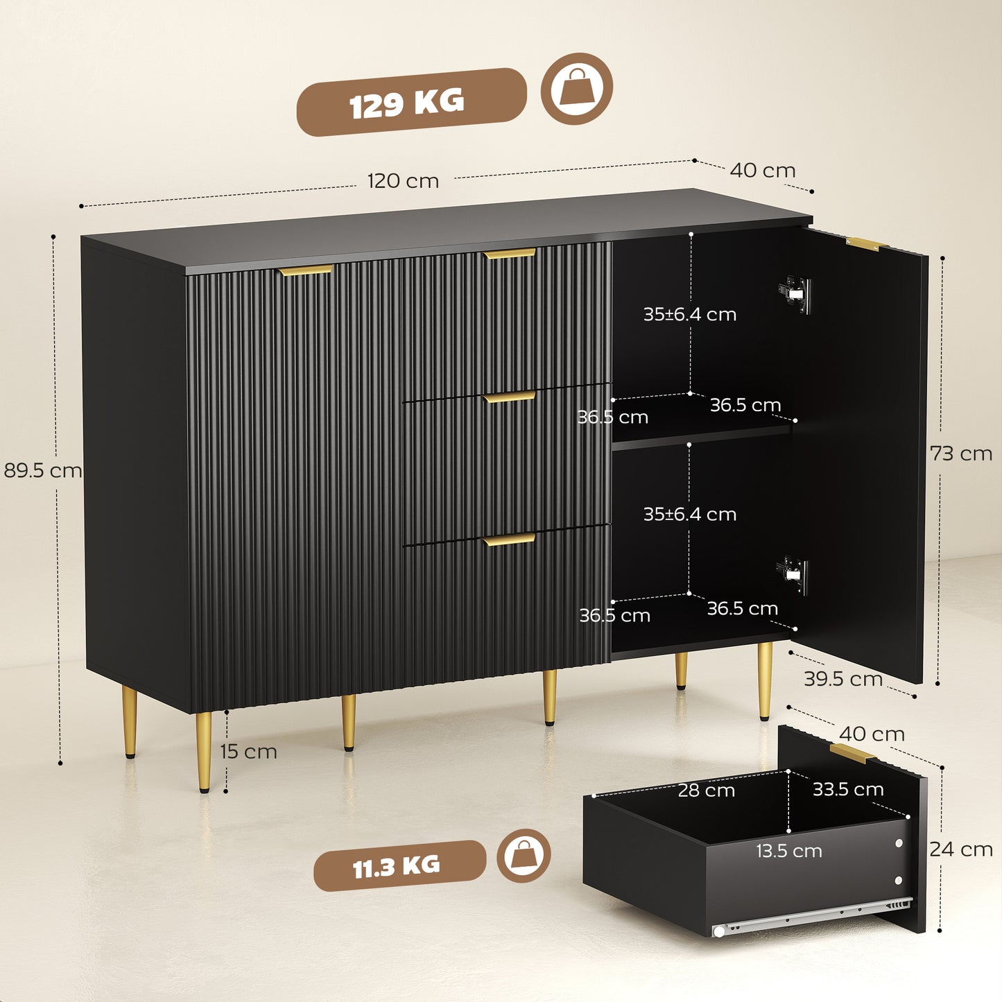 Surara Baro Black Ribbed 2 Door Sideboard 3 Drawers 2 Shelves Gold Accents