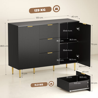 Surara Baro Black Ribbed 2 Door Sideboard 3 Drawers 2 Shelves Gold Accents