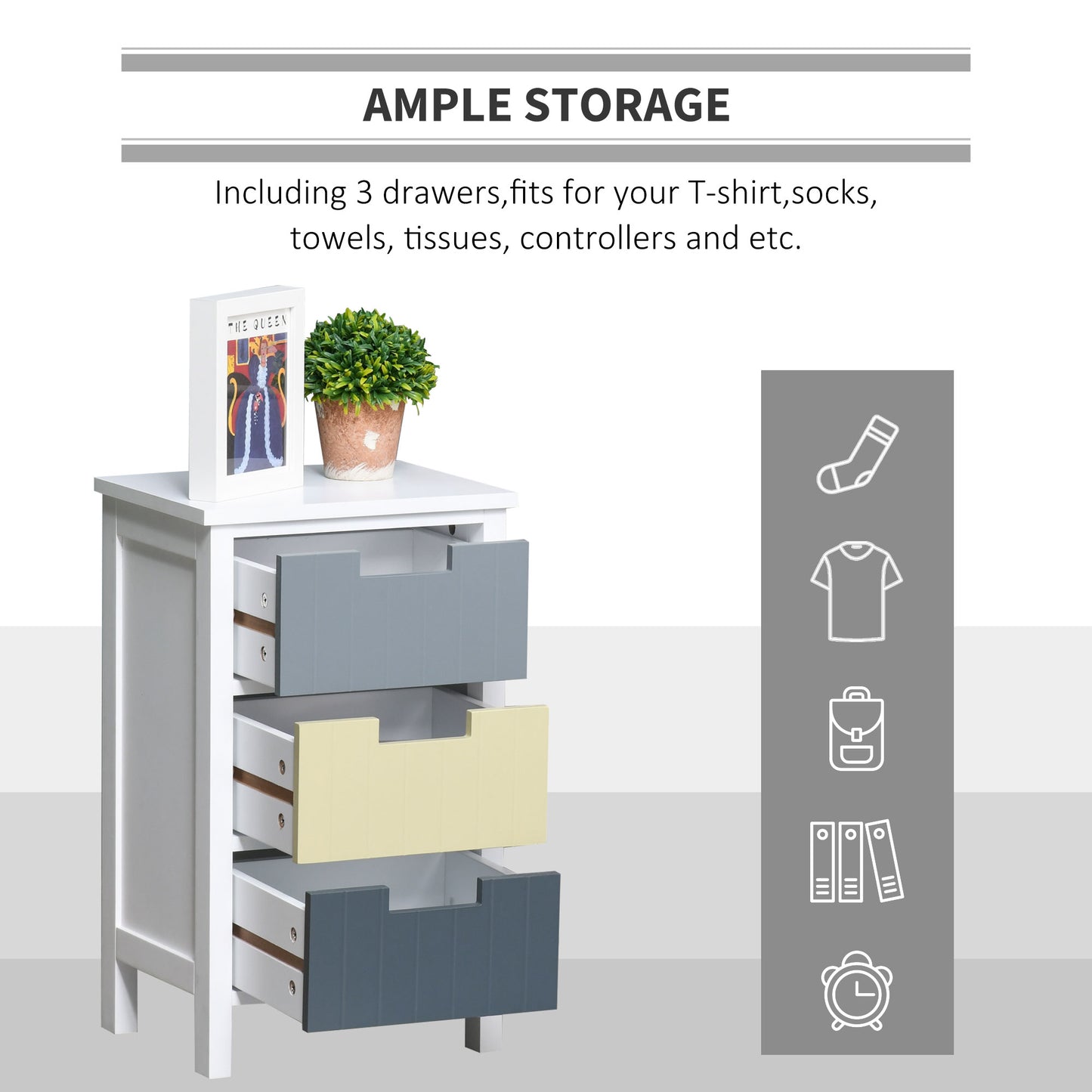 Vicoma Multicolour Wooden Neutral Finish 3 Drawer Storage Tower With Wood Top