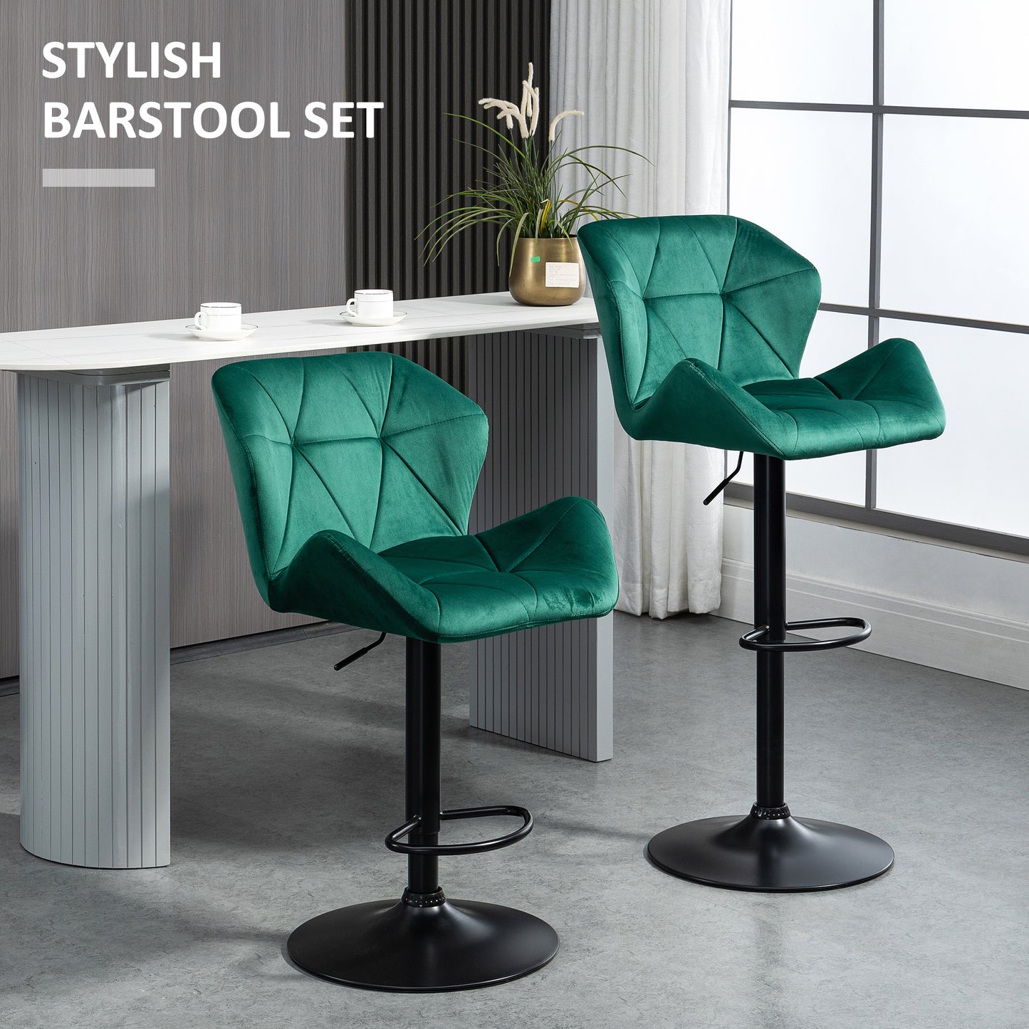Somaveno Velvet Green Adjustable H8 Bar Stools Set Of 2 With Metal Base And Footrest