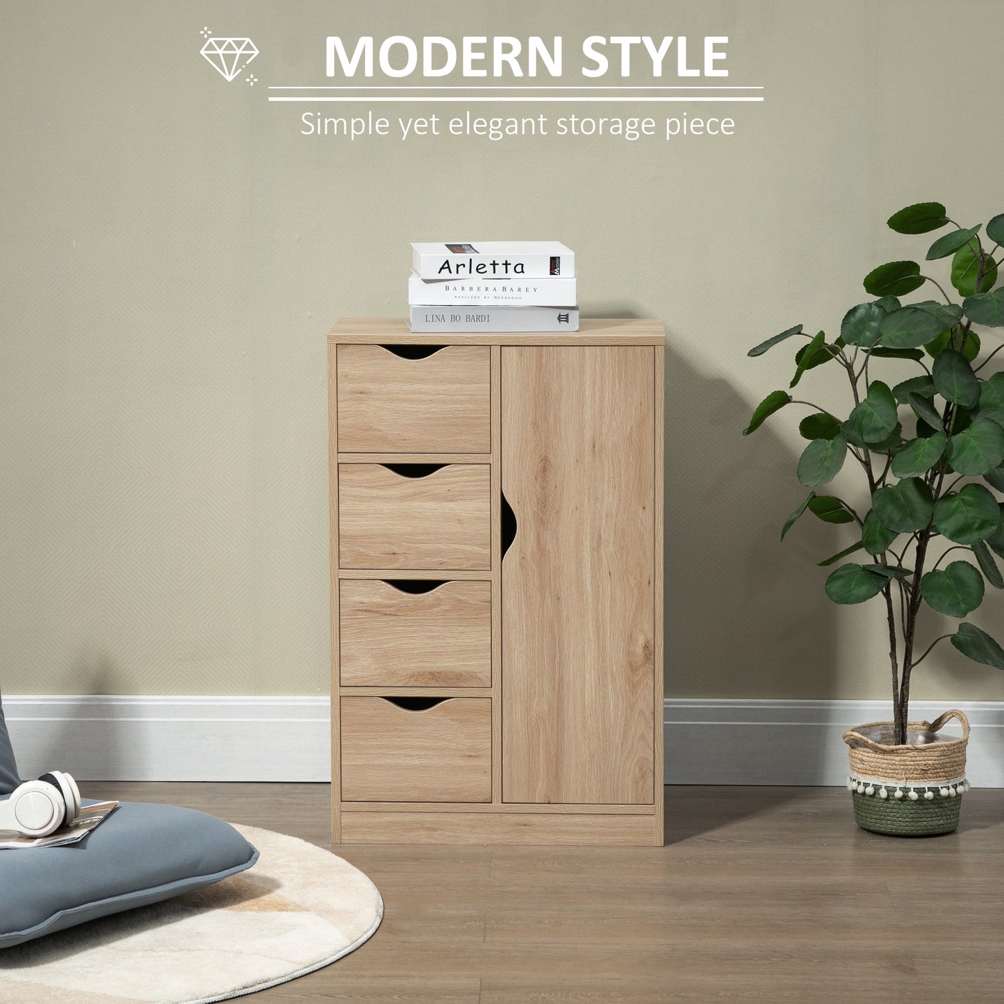 Lala Natural Finish Freestanding Storage Cabinet With 4 Drawers And Lower Cupboard