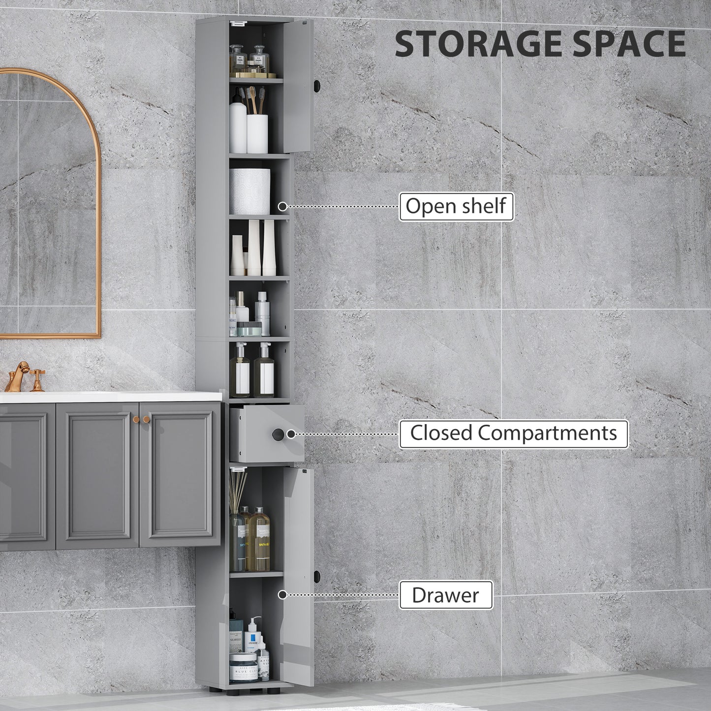 Tasere Tall Slim Bathroom Storage Cabinet With Drawers Shelves And Cupboards Grey