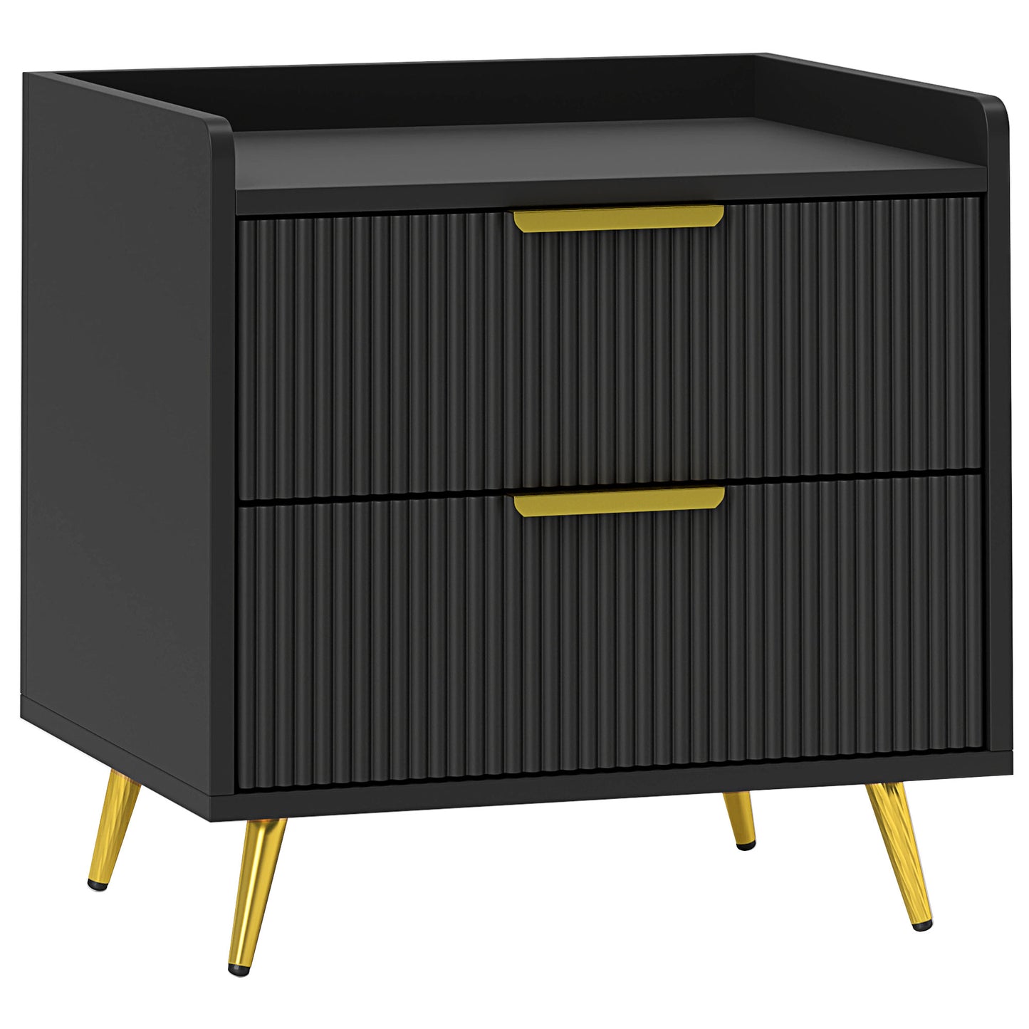 Vevele Black Elegant 2 Drawer Ribbed Bedside Table with Gold Accents