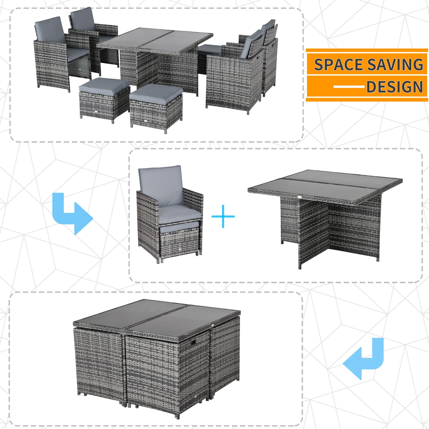 Noco Rattan Grey 8 Seater Outdoor Dining Set With Armchairs and Footstools