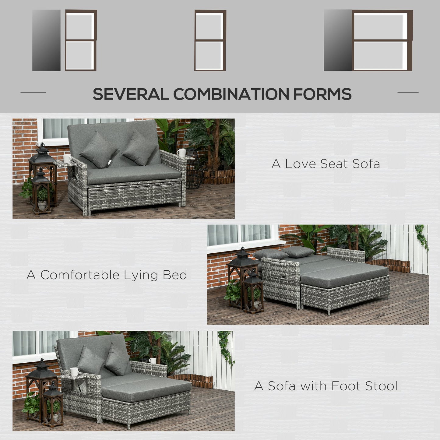 Elco Faux Rattan Mixed Grey Double Outdoor Daybed With Adjustable Back Storage Ottoman Cushions And Trays