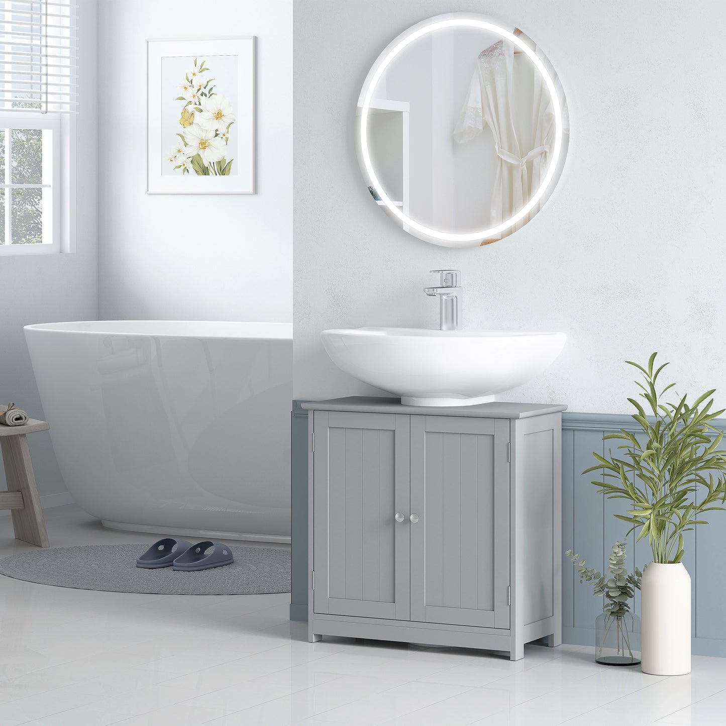 Seseha Grey Under Sink Vanity Cupboard With Double Doors And Adjustable Shelving For Fauxdestal Or OFauxn Basin