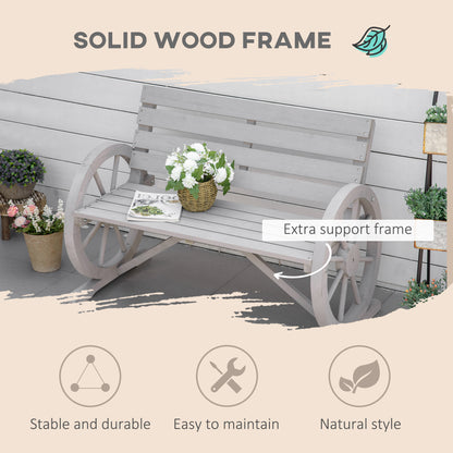 Linifi Wood Grey Rustic 2 Seater Garden Bench With Wagon Wheel Arms And High Back