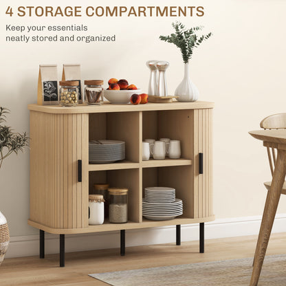 Ronoke Natural Oak Effect Mid Century Sideboard Slatted Sliding Doors Black Metal Legs