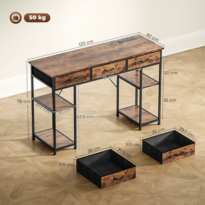 Hariva 120cm Wooden Rustic Brown Home Office Desk With Power Sockets 3 Fabric Drawers And 4 Storage Shelves