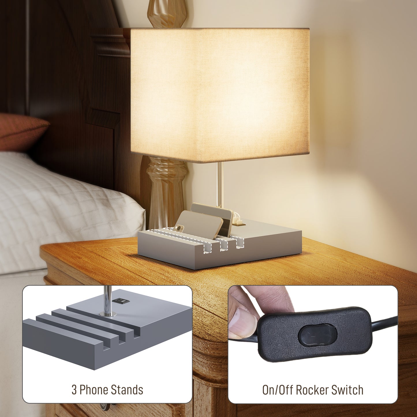 Kata Wood And Fabric Grey Bedside Table Lamp With USB Charging Ports Phone Stands And Fabric Shade