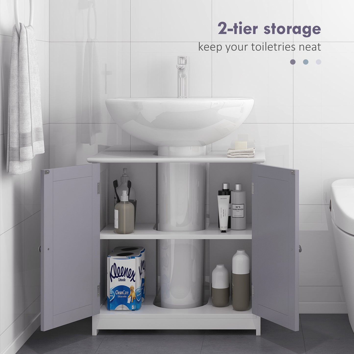Rova Compact Under Sink Bathroom Storage Cabinet With Adjustable Shelf And Drain Cut Out White And Grey
