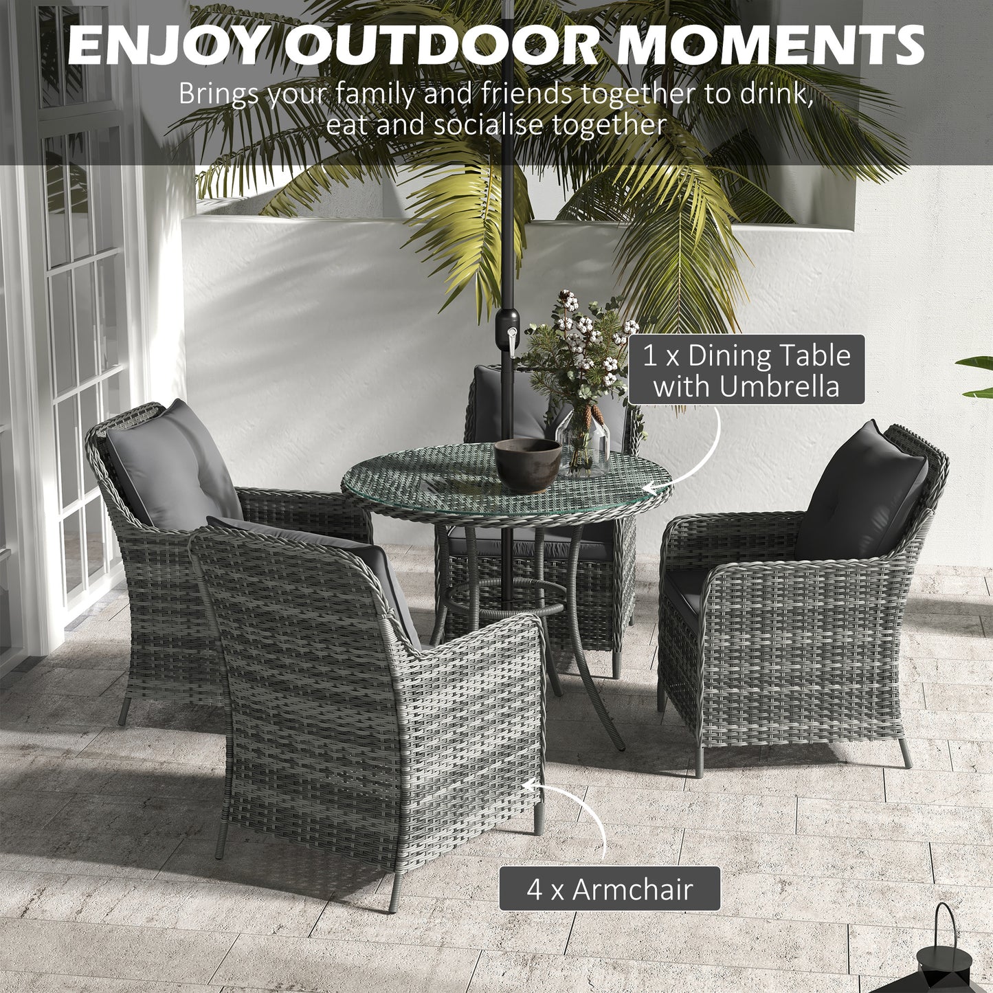 Rolana Nivi 4 Seater Rattan Grey Outdoor Dining Set With Parasol And Cushions