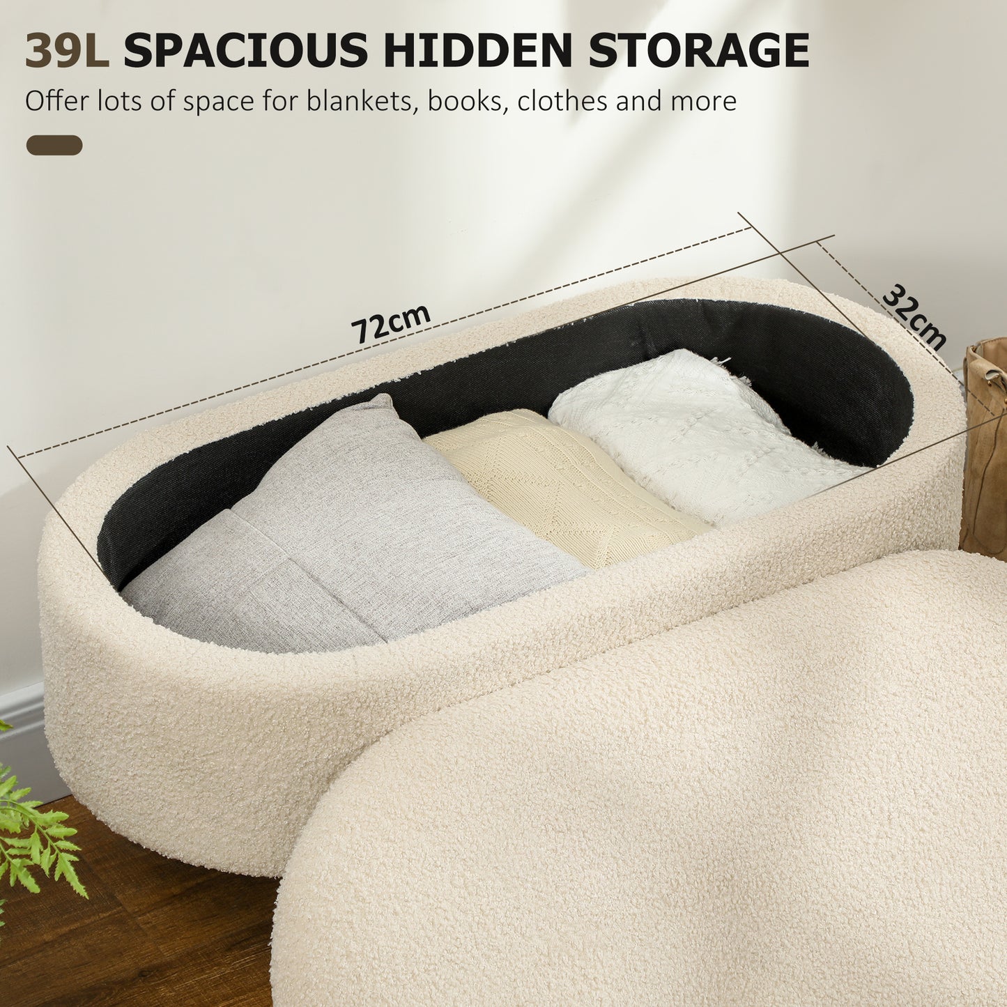 Molasa Boucle Cream White Storage Ottoman Teddy Fleece Natural Wooden Legs