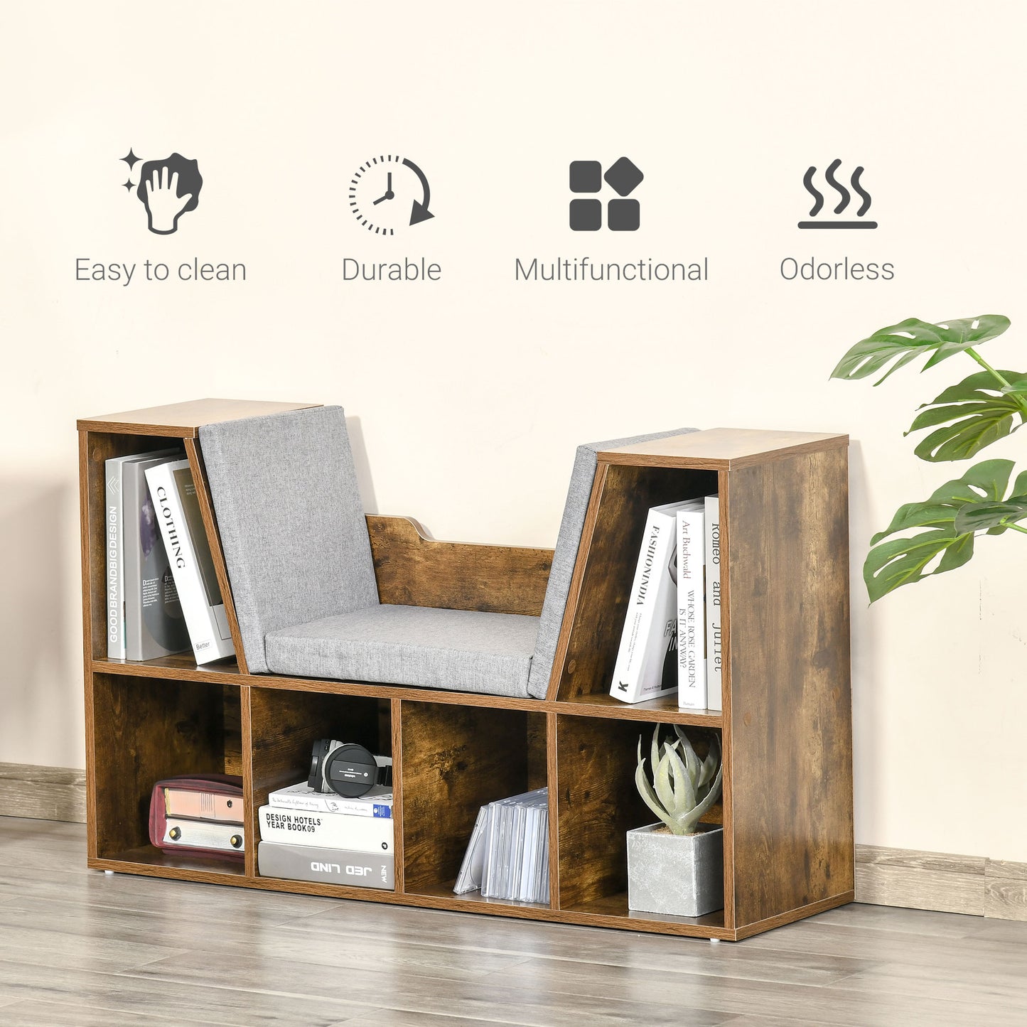 Kalavi Wood Rustic Brown Cube Bookcase With Cushioned Reading Seat