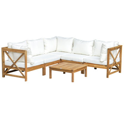Mokeni 5 Seater Natural Wood Frame Outdoor Garden Seating Set with White Cushions
