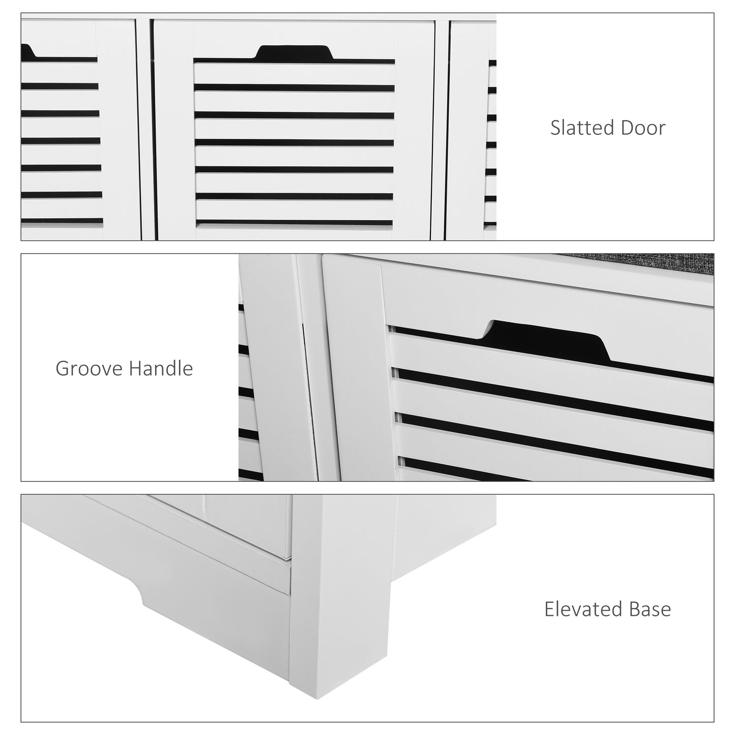 Vesava Wooden White 3 Drawer Slatted Shoe Storage Bench with Grey Padded Seat