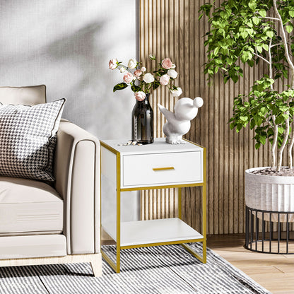 Safifi White Modern Bedside Table 1 Drawer 1 Shelf With Gold Accents