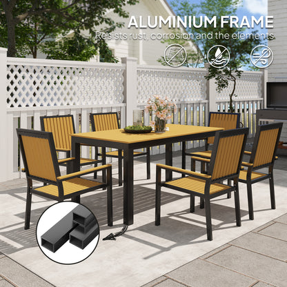 Rido 6 Seater Natural Wood and Black Metal Garden Dining Set with Stackable Chairs