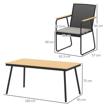 Karutte 6 Seater Garden Dining Set featuring Soft Cushions Rattan Backrest Rectangular Plastic Top Garden Furniture Set Outdoor Dining Table & Chairs for Patio Balcony Poolside Nature Wood Finish