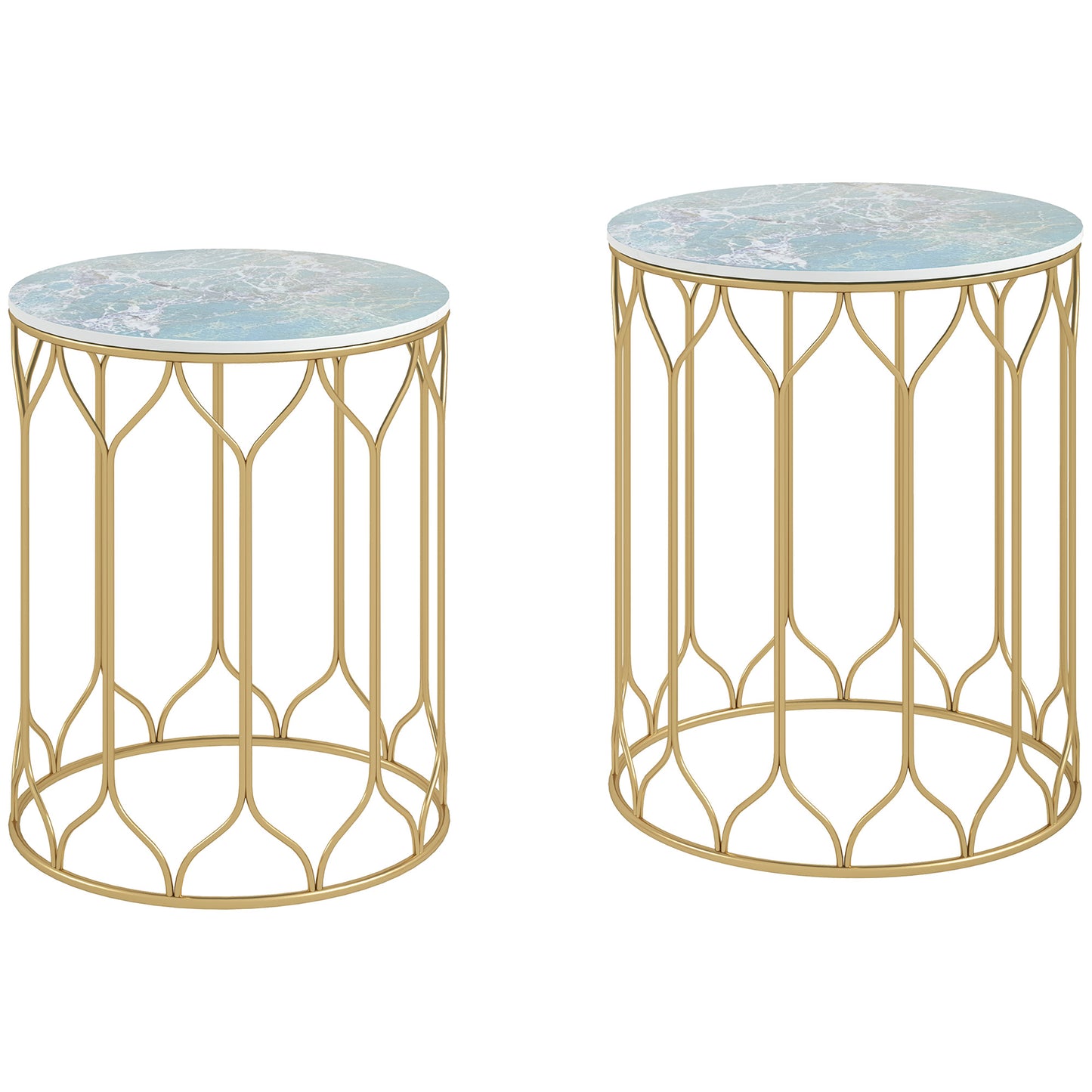 Loba Set Of 2 Marble Effect Round Nesting Outdoor Coffee Tables With Ceramic Tile Tops