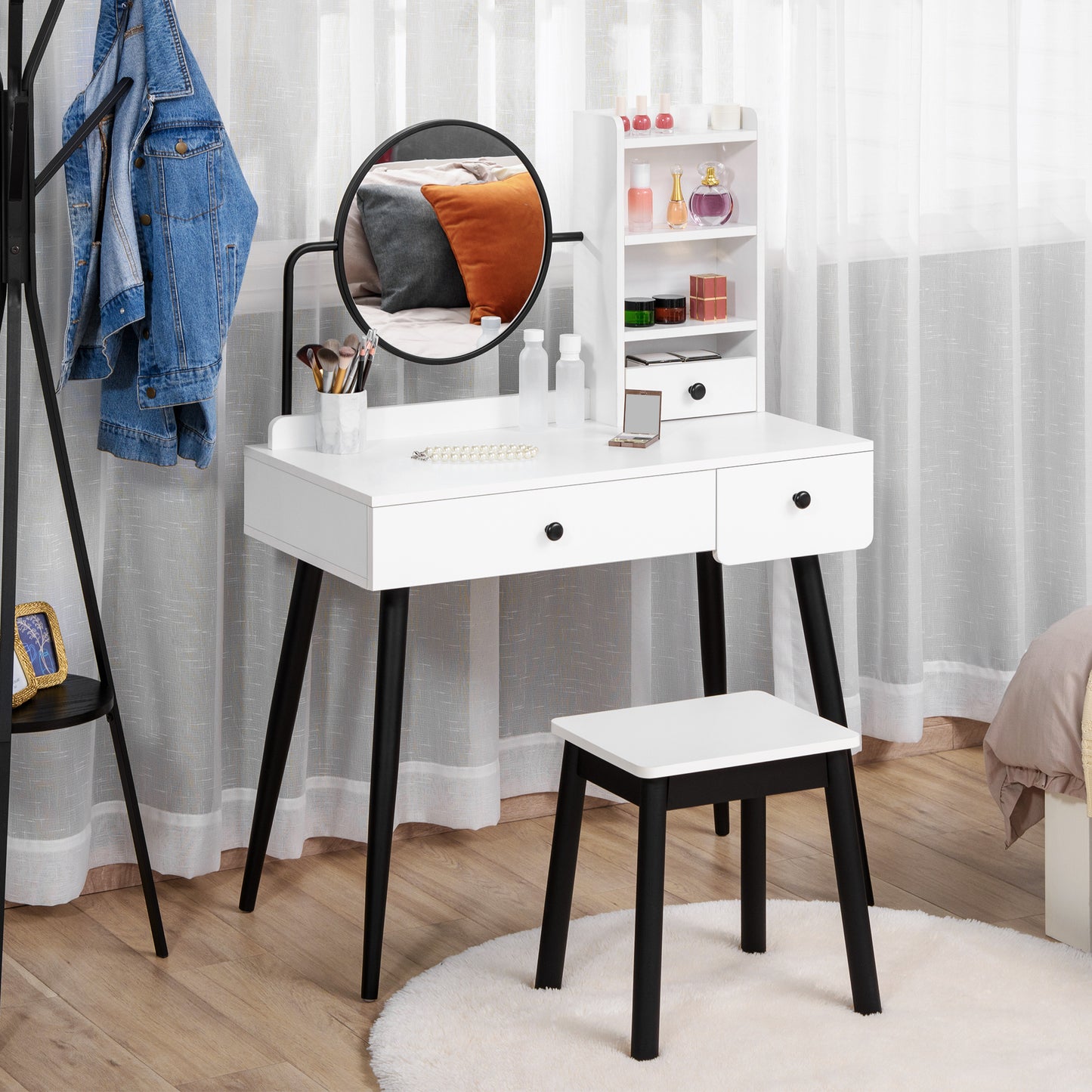 Viro Suso White Dressing Table And Stool Set With 3 Drawers And OFauxn Shelving