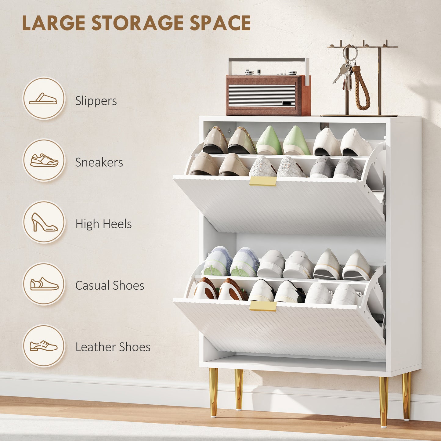 Baviva Wooden White Elegant 2 Drawer Shoe Cabinet Ribbed Design