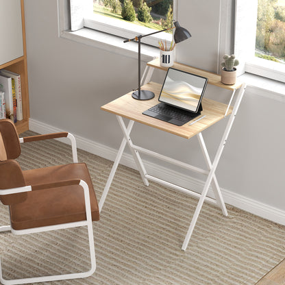 Veeldi 70cm Small Wooden Natural Folding Desk With Raised Monitor Shelf