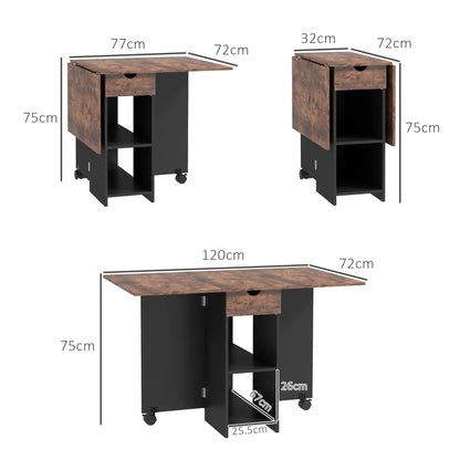 Barretti Wooden Rustic Brown Folding Drop Leaf Dining Table With Drawer And Storage Shelves