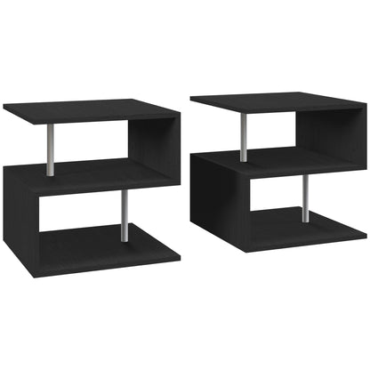 Tova Kene Wooden Black Set Of 2 Side Coffee Tables 2 Tier Storage S Shaped