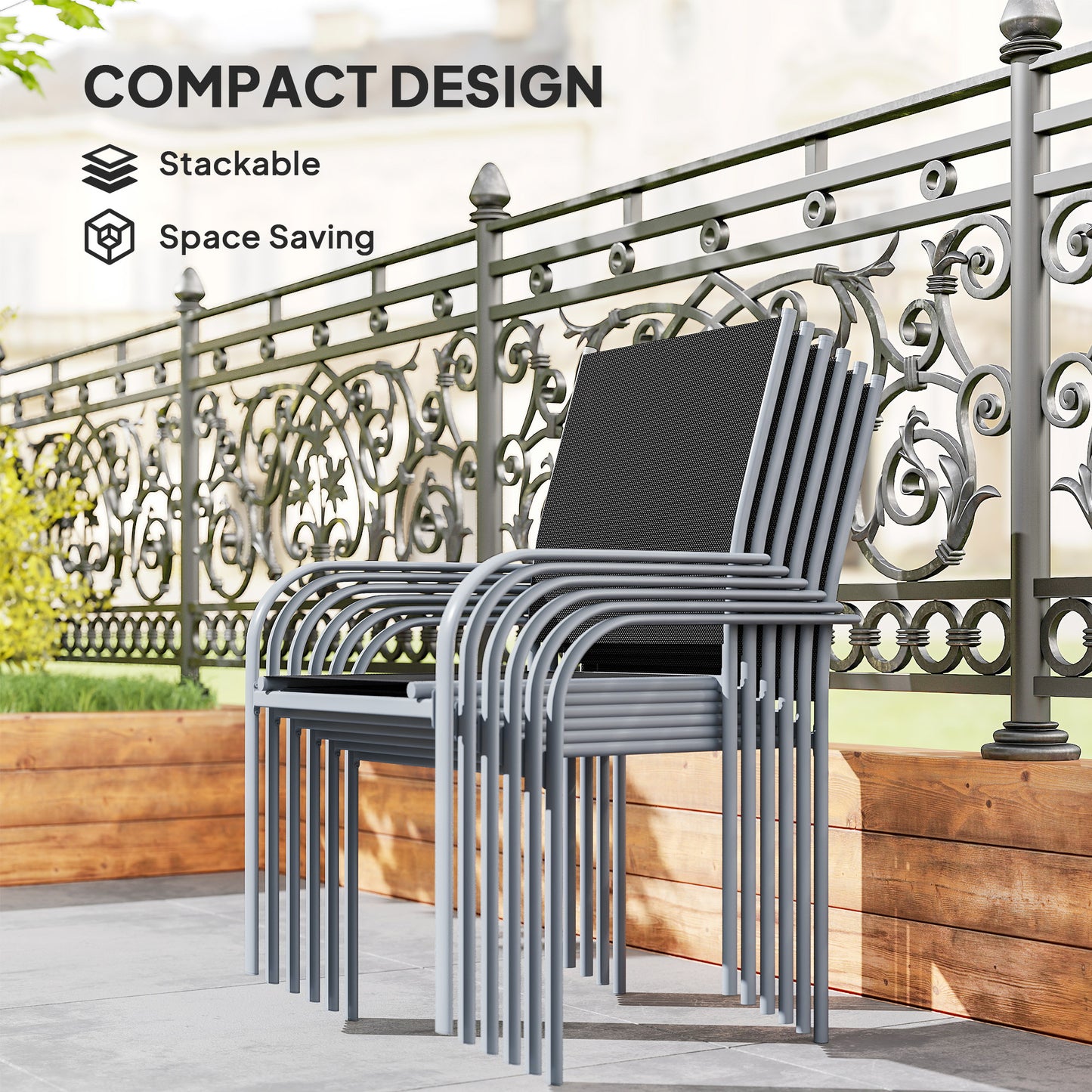 Fivedi 6 Seater Outdoor Garden Dining Set Tempered Glass Top Table and Stackable Mesh Chairs
