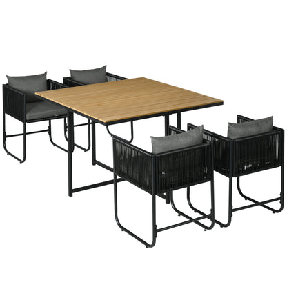 Lilere Rattan Black 4 Seater Cube Garden Dining Set With Cushions And Rectangular Wood Grain Table