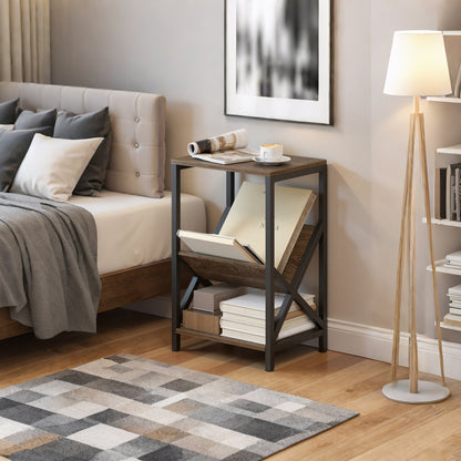 Elfi Nere Wooden Oak Narrow Side Table With 3 Tier Storage and V Shaped Magazine Holder 40 x 30 x 61 cm