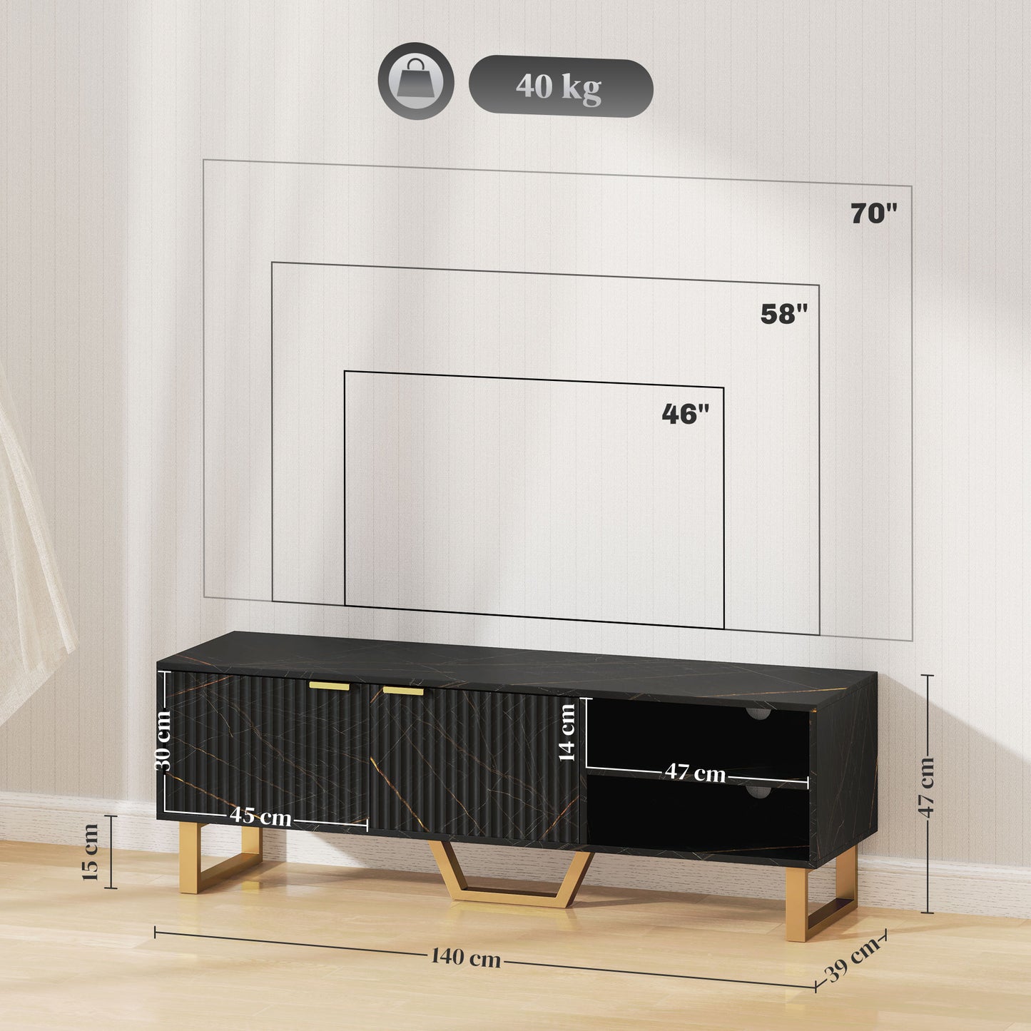 Baseva 140cm Wooden Black and Gold Marble Effect TV Unit With Fluted Doors For Screens Up To 70 Inches