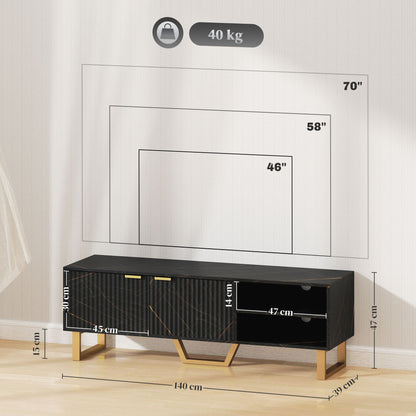 Baseva 140cm Wooden Black and Gold Marble Effect TV Unit With Fluted Doors For Screens Up To 70 Inches