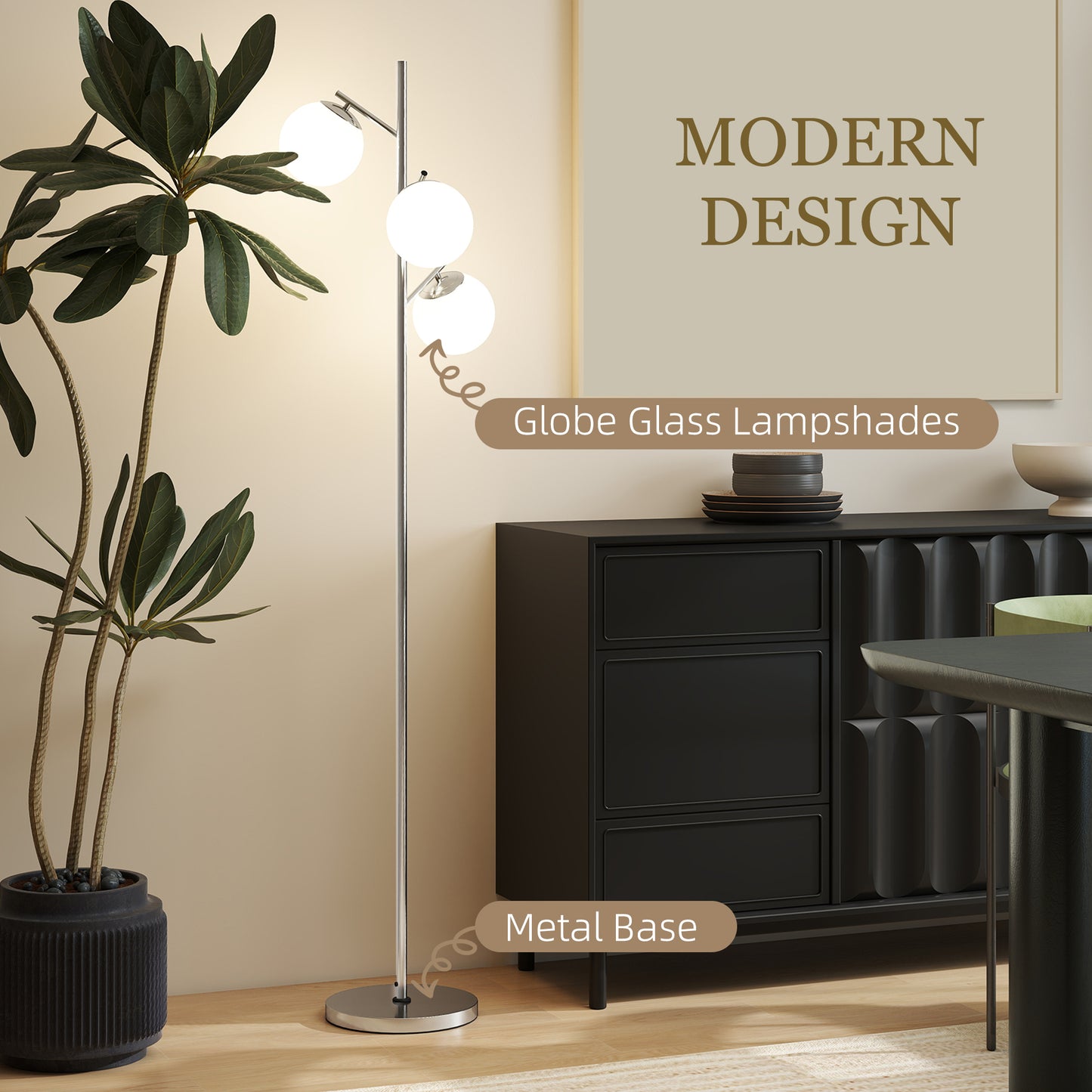 Kaniri Metal Silver 3 Light Tree Floor Lamp With Globe Shades Adjustable Colour Light