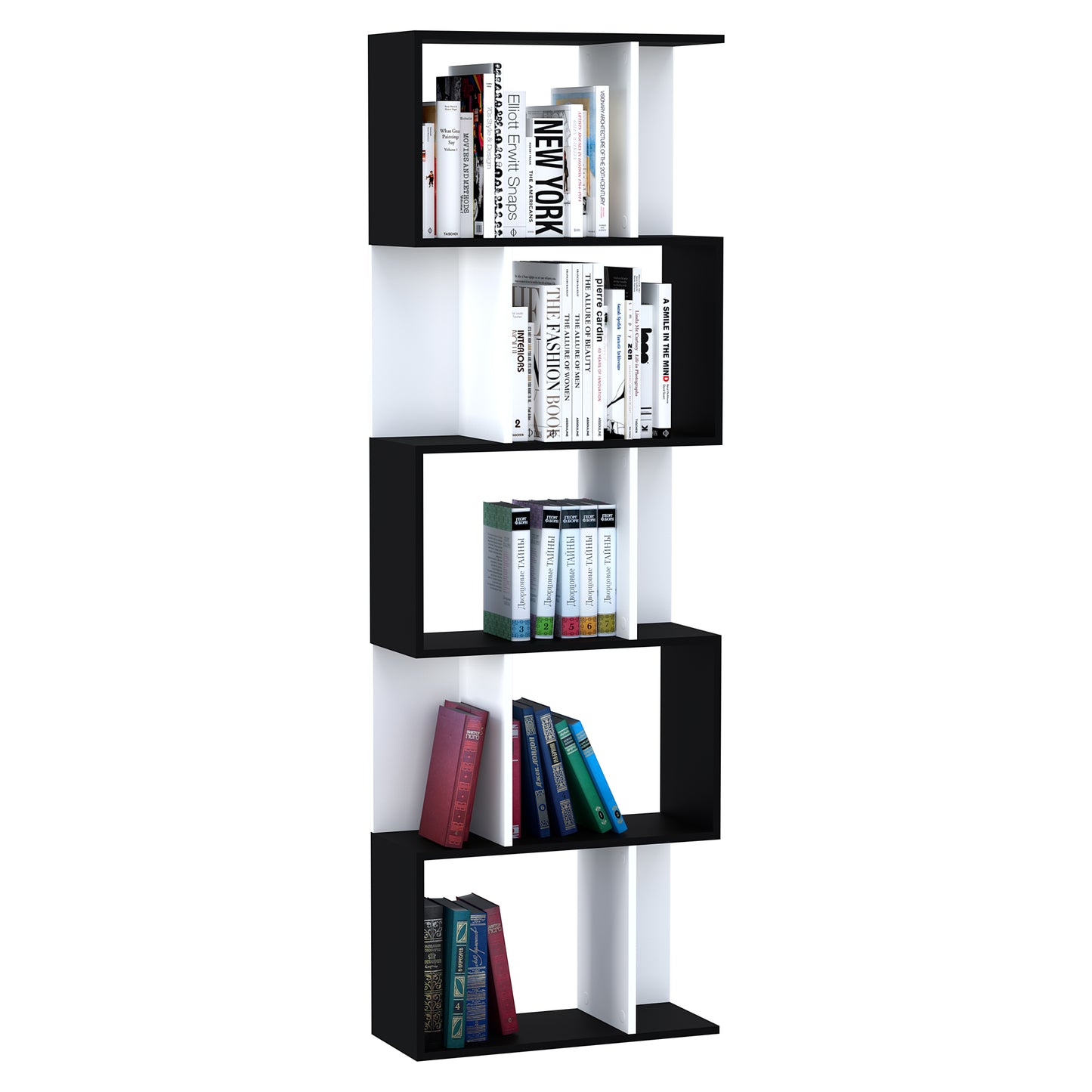 Noli Diha Wood And Metal Black And White S ShaFauxd Freestanding Bookcase With 5 And 6 Tier Layout