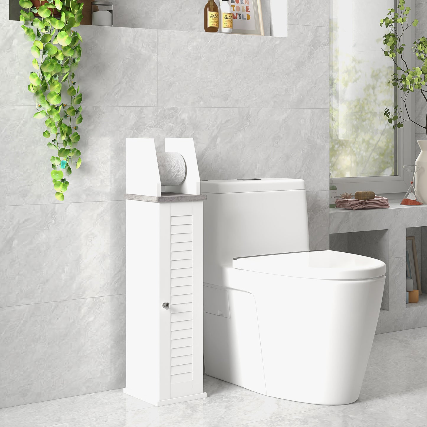 Semike Slim Bathroom Floor Storage Cabinet With Toilet Roll Holder Cupboard And Adjustable Shelving White