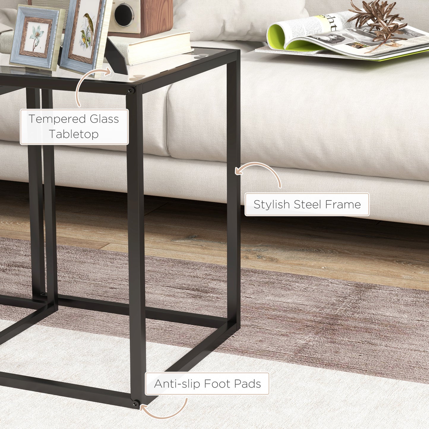 Riraro Metal Black Set Of 2 Nesting Side Tables With Glass Tops