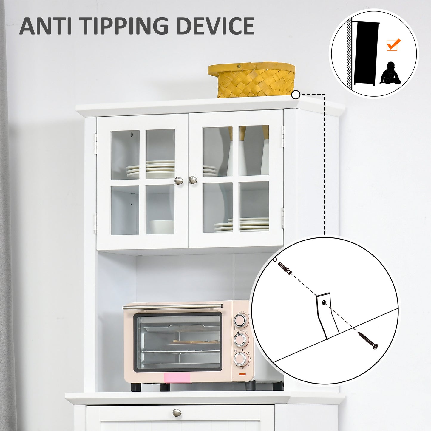 Banira Wooden White Kitchen Cupboard With Framed Glass Door Drawer And Microwave Shelf
