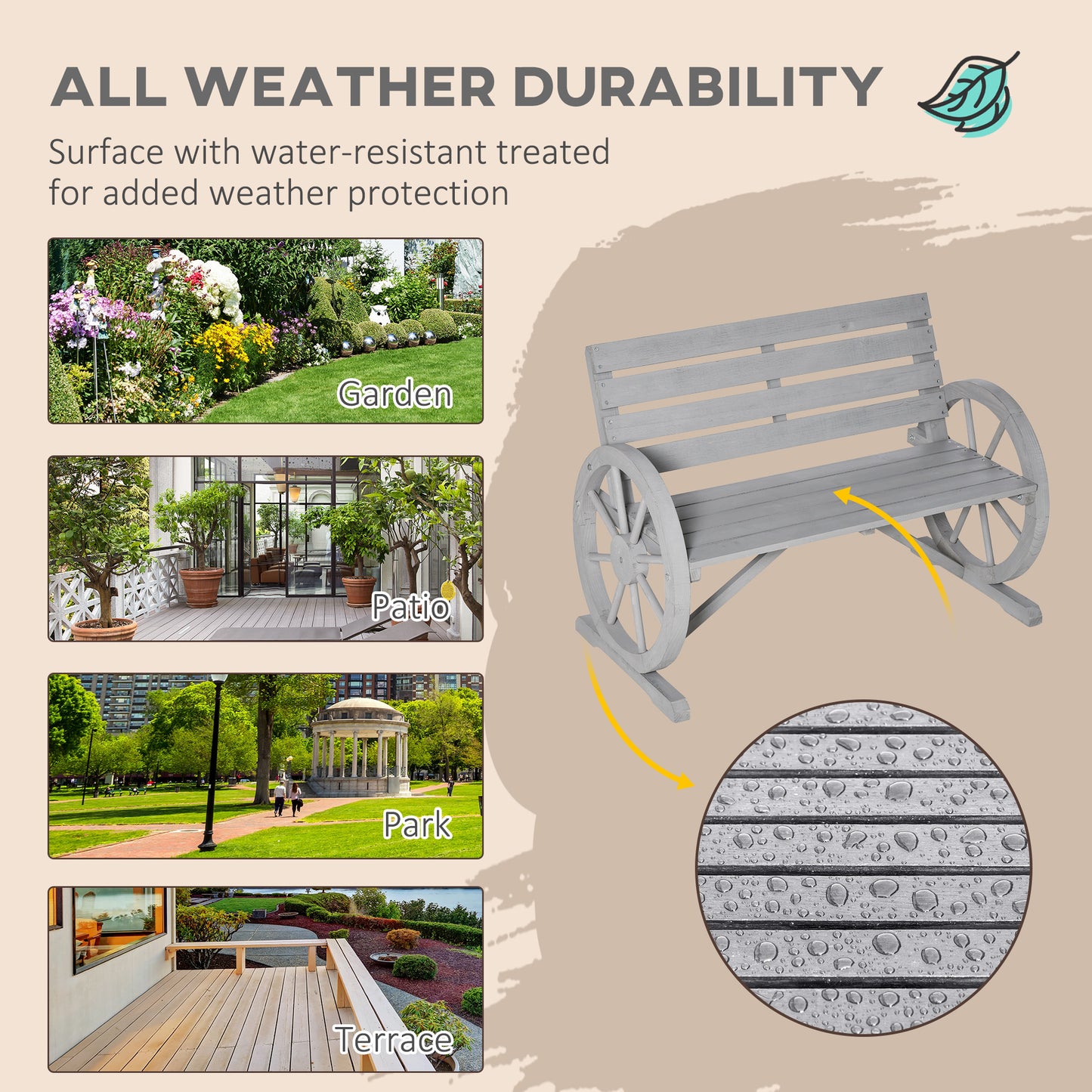Linifi Wood Grey Rustic 2 Seater Garden Bench With Wagon Wheel Arms And High Back