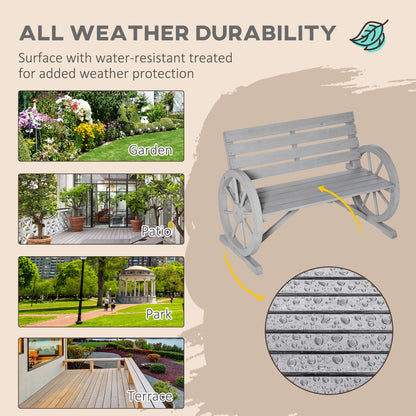 Linifi Wood Grey Rustic 2 Seater Garden Bench With Wagon Wheel Arms And High Back
