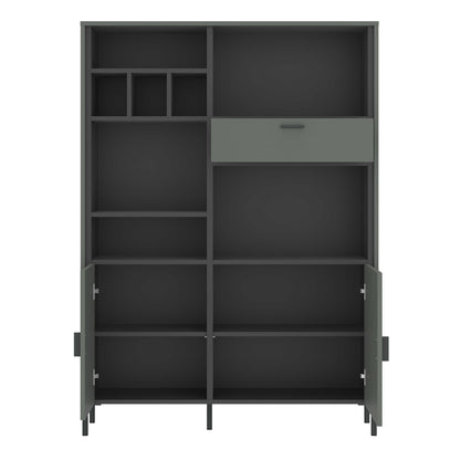 Elowynd Olive Green Panelled Bookcase 2 Door 1 Drawer 9 Shelves