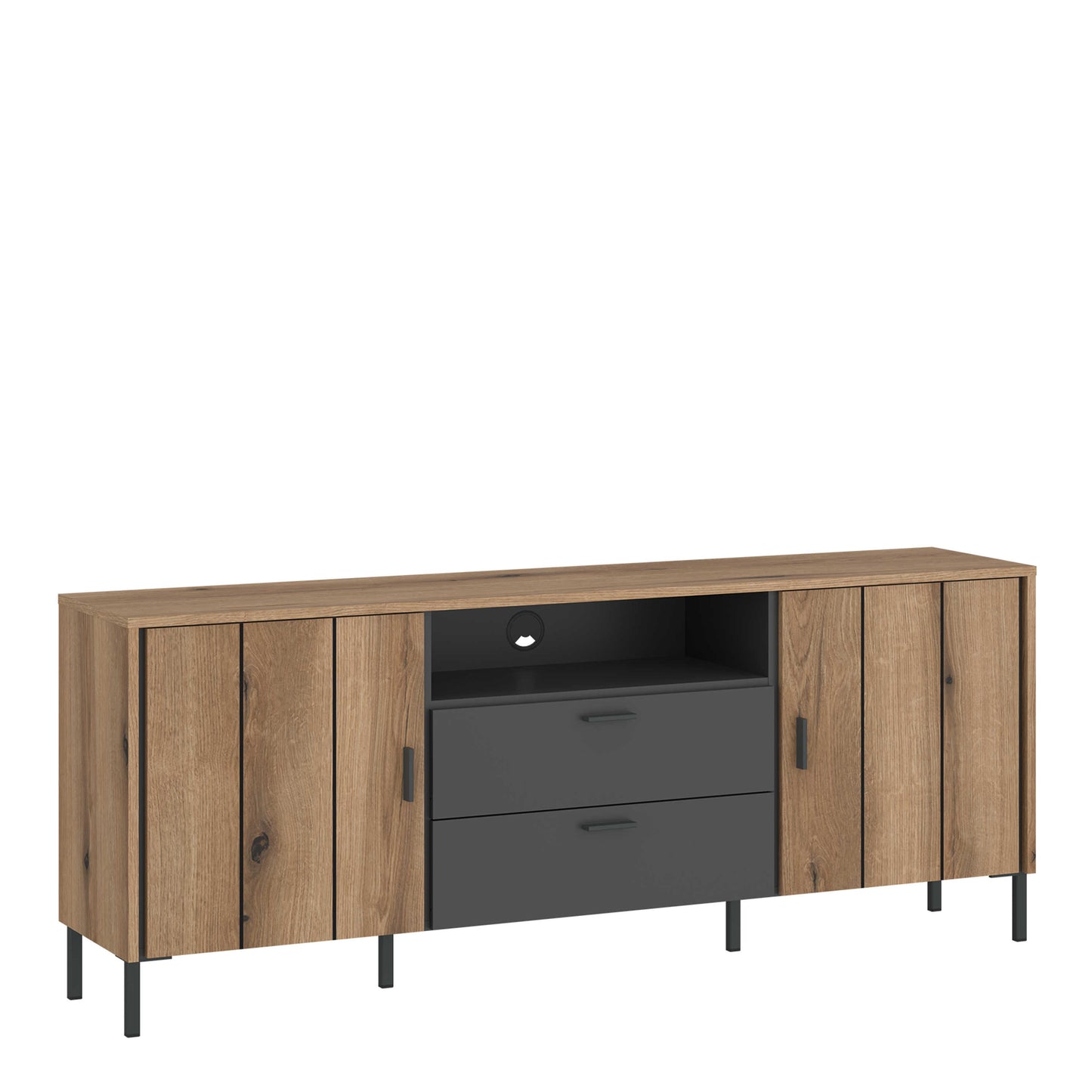 Nightbloom 158cm Grey and Oak Wood Effect Panelled TV Cabinet 2 Door 2 Drawer