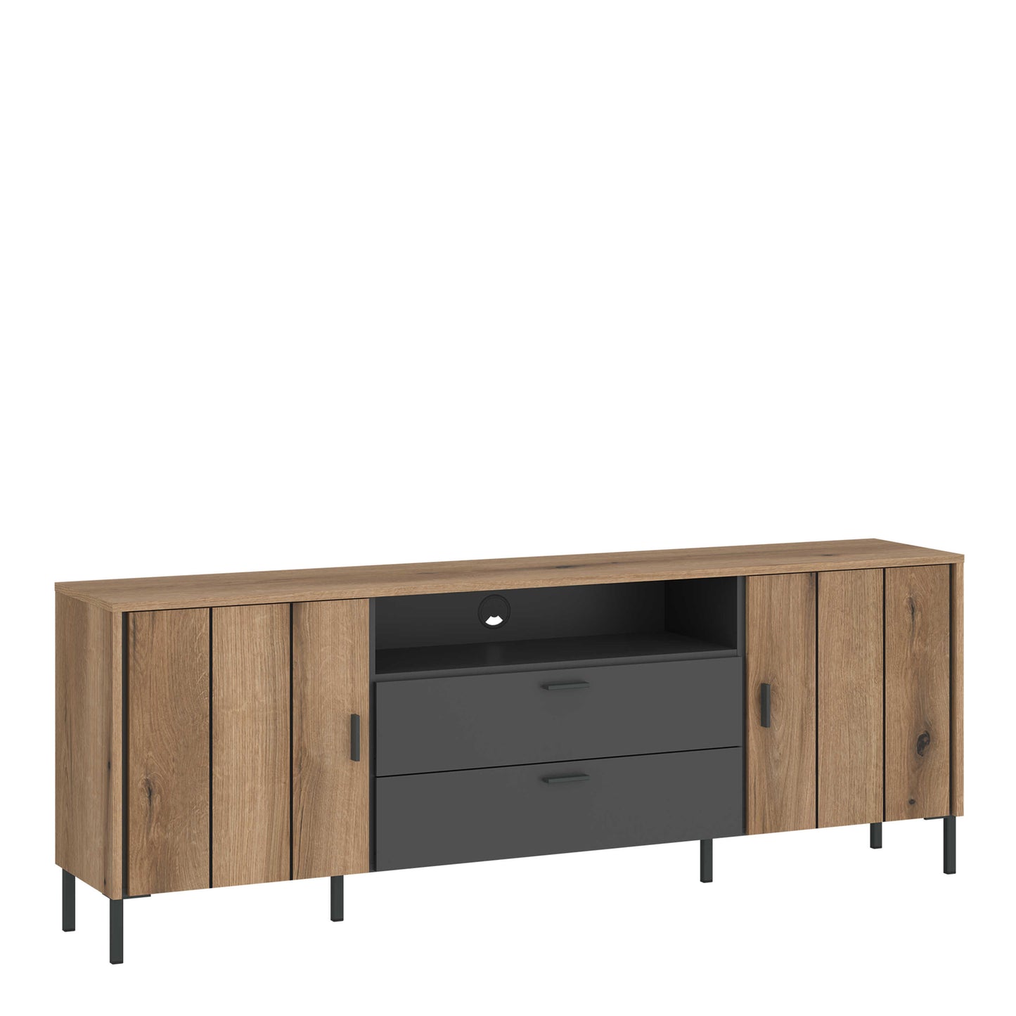 Nightbloom 173cm Grey and Oak Wood Effect Panelled TV Cabinet 2 Door 2 Drawer