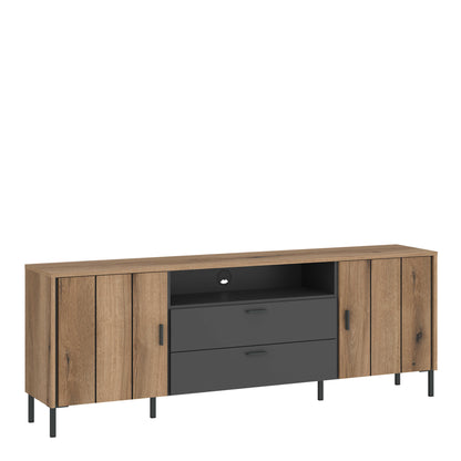 Nightbloom 173cm Grey and Oak Wood Effect Panelled TV Cabinet 2 Door 2 Drawer