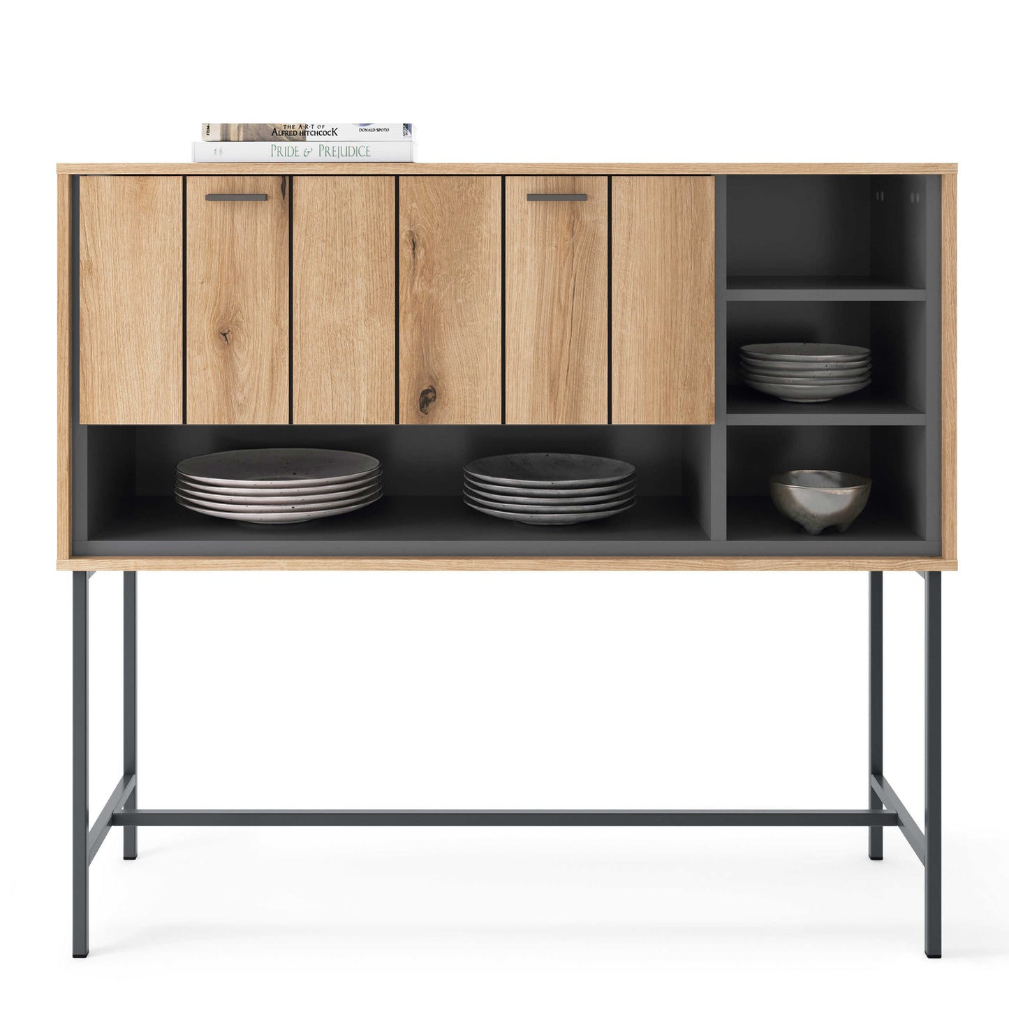 Nightbloom Grey and Oak Effect Wood Panelled Bar Cabinet 1 Door 3 Shelves